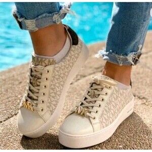 Michael Kors Poppy Lace Up Sneakers Vanilla MK Logo Gold Hardware Size 11